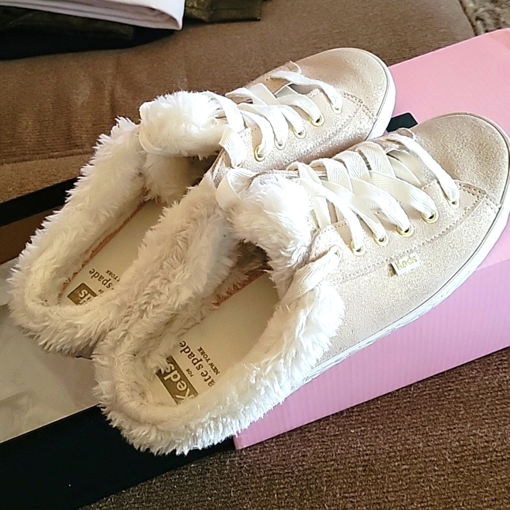 Kate Spade Fur Lined Glitter Shoes Slip On KEDS wirh Box.